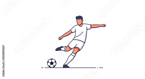 Dynamic soccer player strikes ball with powerful kick, capturing athletic action and sporting energy