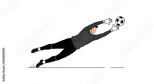 Dynamic soccer goalie dives to catch ball, showcasing athletic skill and determination in a save.