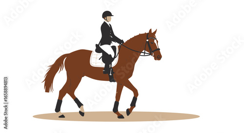 Professional equestrian rider expertly guiding a brown horse during a showjumping event