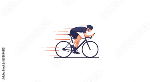 Dynamic cyclist in aerodynamic pose races forward with speed lines conveying motion and determination