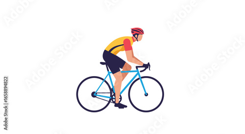 Dynamic cyclist in vibrant gear powers forward on a sleek road bike, embodying speed and healthy lifestyle.