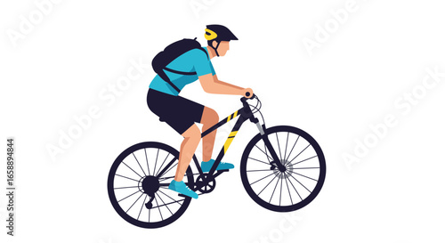 Active person riding a mountain bike with a backpack, enjoying outdoor adventure and healthy lifestyle pursuits.