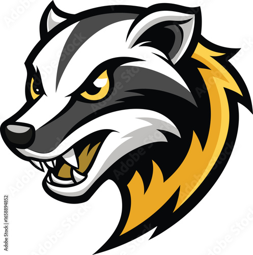 Aggressive honey badger mascot head logo design featuring a tilted and fierce expression