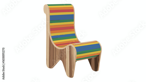Colorful Wooden Chair with Rainbow Stripes and Natural Wood Legs Isolated on White furniture