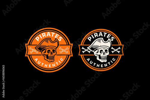 Pirate skull head with bone crossed retro badge logo vector design set for cruiser, adventure. Skull with hat vintage emblem logo graphic pack. Pirate with crossbones illustration label element design