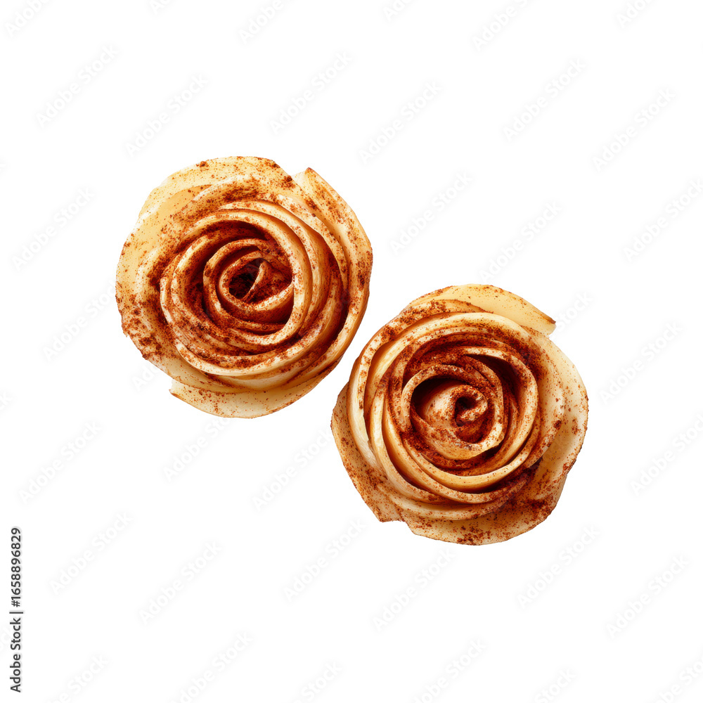 Fototapeta premium Two Cinnamon Apple Rose Pastry Decorations on Black Background