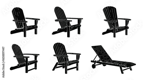 Six Black Silhouette Adirondack Chairs and Chaise Lounge on White Background Keywords: Adirondack chair, chaise lounge, outdoor furniture, patio furniture, garden chair, lounge