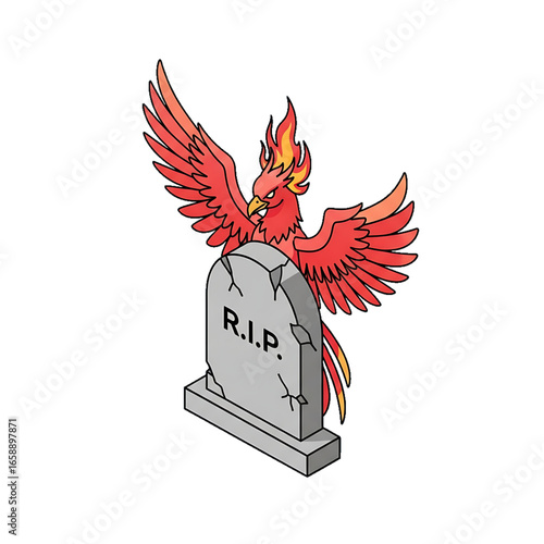 Phoenix rising from tombstone symbolizing rebirth and eternity.