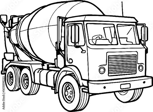 Detailed outline of a concrete mixer truck ready for coloring books and construction themed designs, perfect for educational resources and creative projects for all ages
