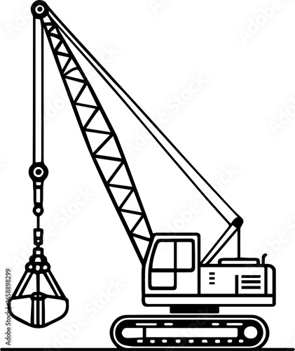 Striking minimalist illustration of a dredging machine at work, ideal for engineering presentations or industrial design concepts, showcasing modern machinery and construction projects