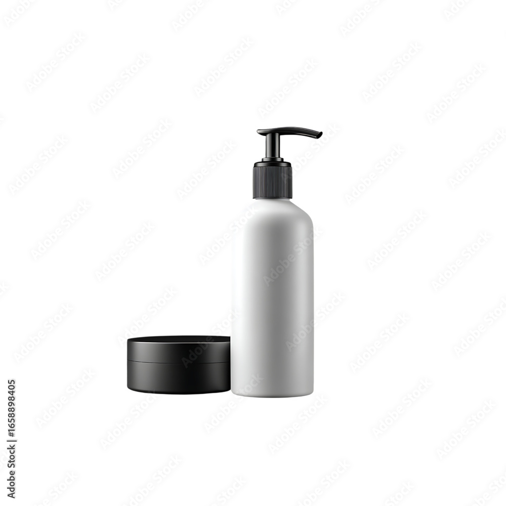 Obraz premium Sleek modern skincare set featuring a white pump bottle and black jar, perfect for beauty product branding and cosmetic advertising campaigns.