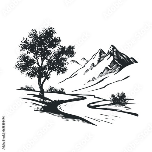 Scenic landscape with mountains and flowing river in nature. Vector illustration
