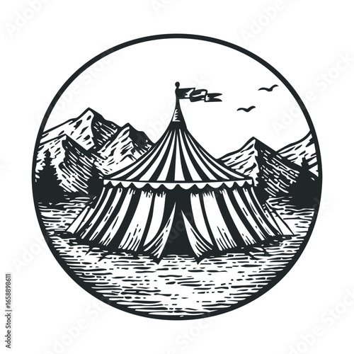 Dramatic mountain landscape with vintage circus tent in foreground. Vector illustration