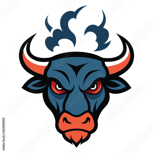 Furious bull mascot head emblem with exhaling nostrils for a powerful brand identity