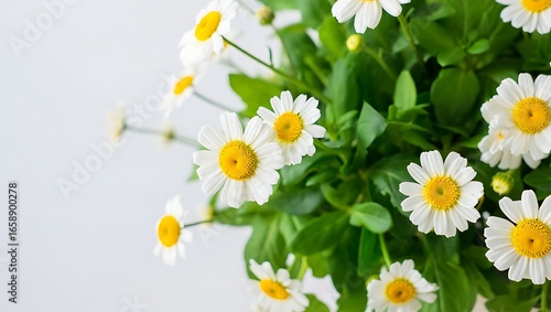 A Cluster of White Daisy Flowers with Green Leaves and Yellow Centers