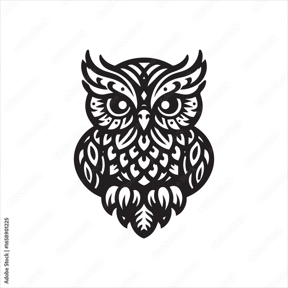 Obraz premium Ornate Black and White Owl Design Intricate Feather Detailing.