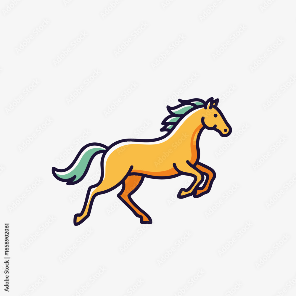 Obraz premium A vibrant, stylized vector illustration depicts a majestic golden horse with a flowing teal mane and tail, captured mid-gallop against a clean white background.