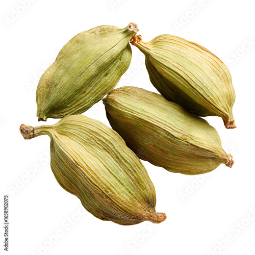 Wallpaper Mural Four green cardamom pods are arranged on a dark background showcasing their textured surfaces and dried stems ready for culinary use Torontodigital.ca