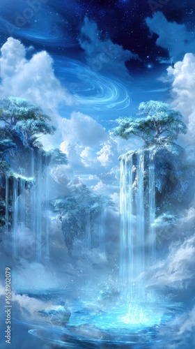 Fantasy Waterfall Landscape Celestial Clouds, Frozen Trees, Game Background