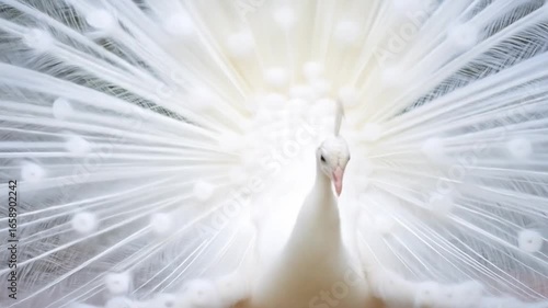 Elegant white peacock displaying its majestic tail feathers in a captivating video