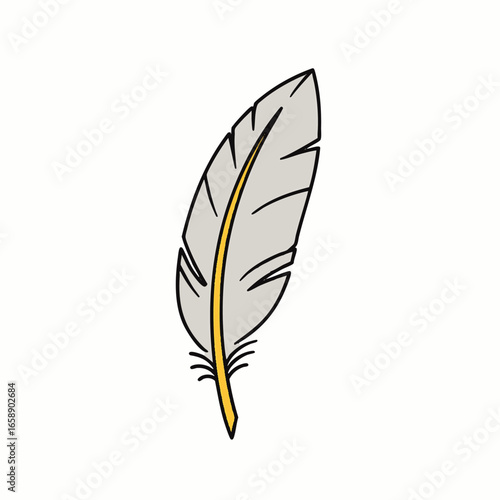 A beautifully illustrated light gray feather with a vibrant yellow quill, symbolizing softness, flight, and delicate elegance, isolated on a clean white background.