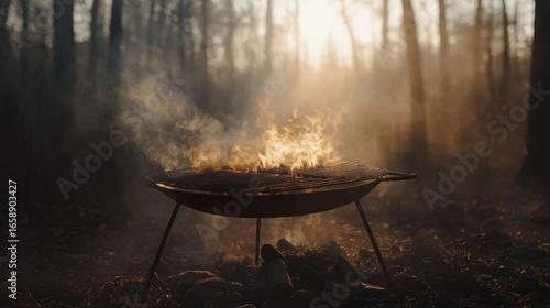 Grill with roaring flames in a forest setting creating a warm and inviting atmosphere for cooking