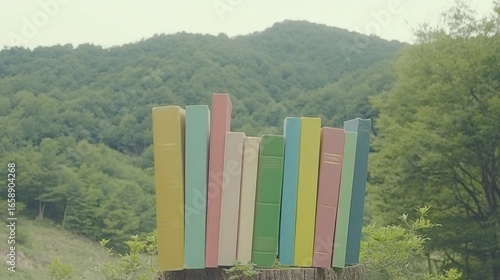 Colorful book collection against a lush green forest backdrop creates a serene academic scene