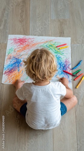 Young child sits on a wooden floor, engrossed in coloring a vibrant artwork with crayons