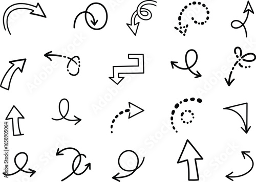 Vector art of a grid of solid black arrow icons in various styles, , indicating forward movement and digital navigation