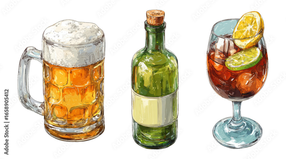 Hand-Drawn Illustrations of Beer, Wine, and Cocktail on Transparent Background Hand-Drawn Illustrations of Beer, Wine, and Cocktail on Transparent Background