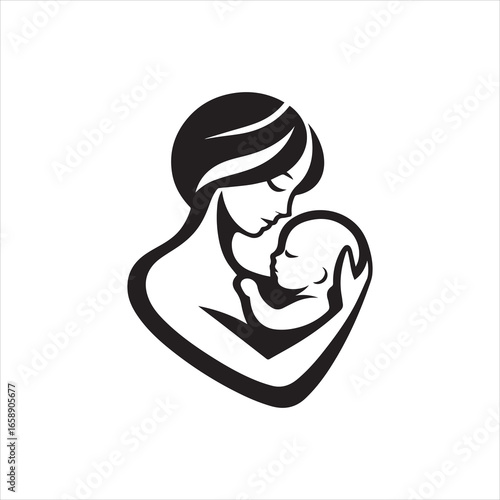 Stylized Mother and Child Embrace Silhouette with Flowing Hair and Gentle Curves.