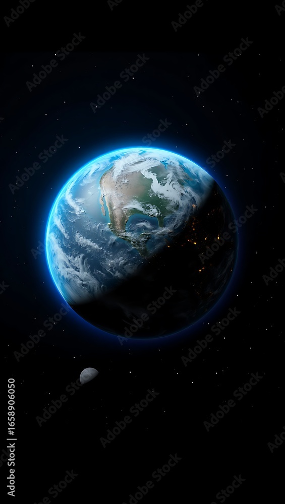 Obraz premium Stunning View of Planet Earth from Deep Space Illuminated by Sunlight and City Lights