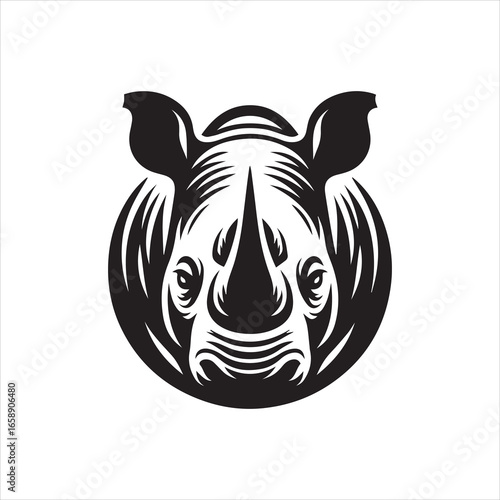 Stylized Rhinoceros Head in Circular Frame Monochrome Design.