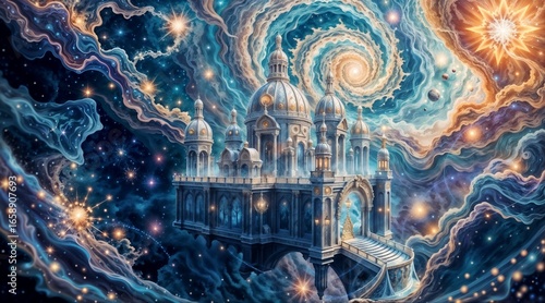 mystical castle floating in spiral galaxy with cosmic clouds for fantasy artwork