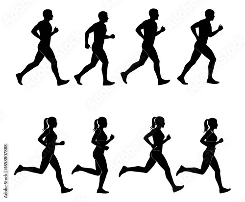 Phases of the running gait cycle for male and female runners isolated on white background