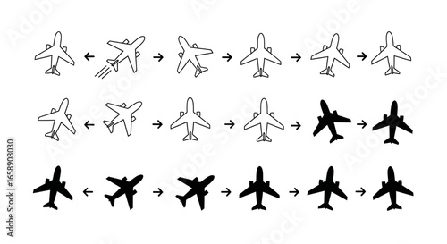 Sequence of airplane icons showing flight progression isolated on white background