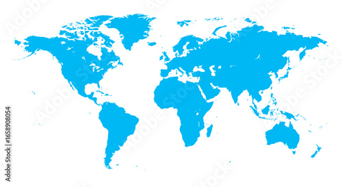 Blue world map showing continents and oceans isolated on white background