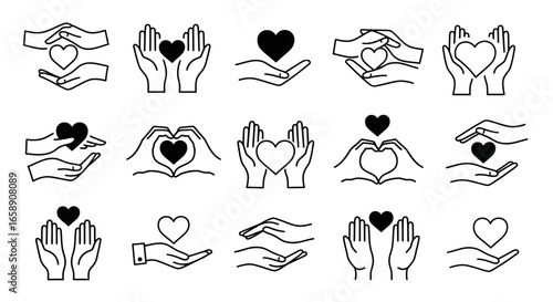 Collection of hands holding hearts, symbolizing love, care, and support, isolated on white background