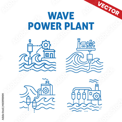 Illustration of a wave power plant with floating turbines harnessing ocean waves to produce energy, in outline graphic style.