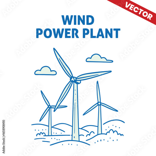 Wind Power Plant with Large Turbines and Power Station, Vector Outline Graphic Illustration