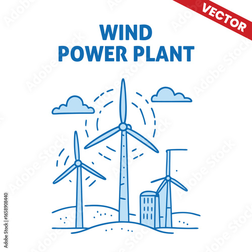 Vector illustration of a wind power plant with large turbines, showcasing wind energy generation, in outline graphic style.