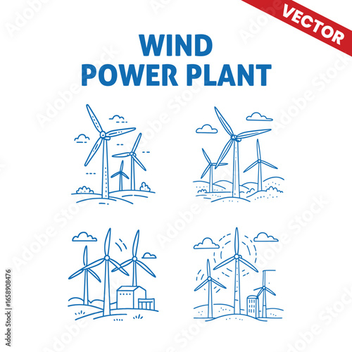 Vector representation of wind power plants with several wind turbines, a clear sky, and efficient wind energy systems