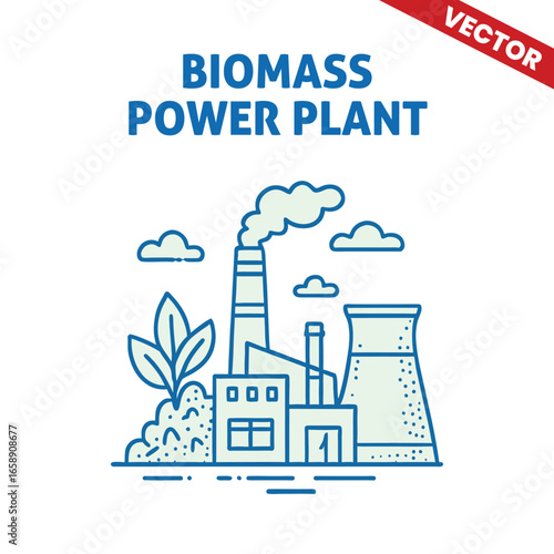 Biomass Power Plant with Logs, Smoke Stack and Greenery Outline Graphic Illustration