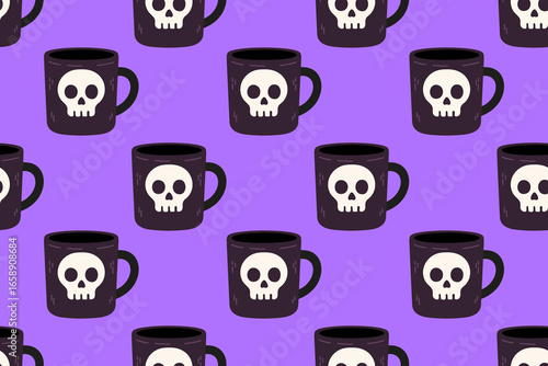 Seamless pattern with Halloween mugs featuring skull design on purple background.