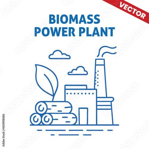 Biomass Power Plant with Smoke Stack and Cooling Tower Outline Graphic Illustration