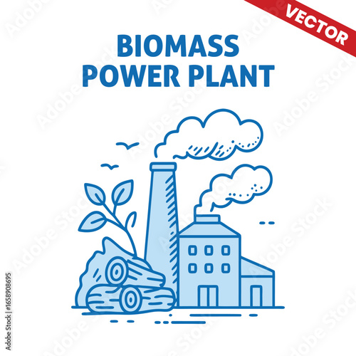 Biomass Power Plant with Logs and Leaf Outline Graphic Illustration