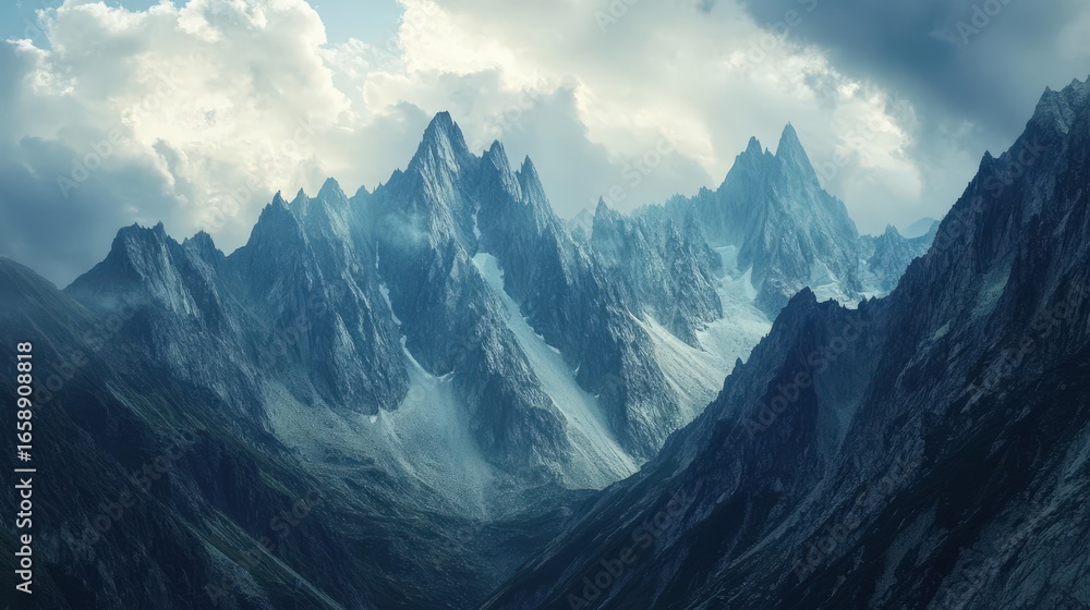 Obraz premium Majestic mountain range under a dramatic sky.