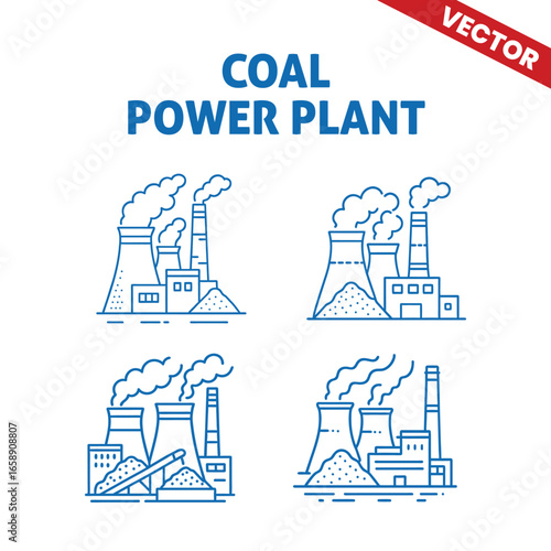 Industrial Coal Power Plant with Tall Chimneys Emitting Smoke and Large Coal Stockpiles for Power Generation and Energy Production - Outline Graphic Style