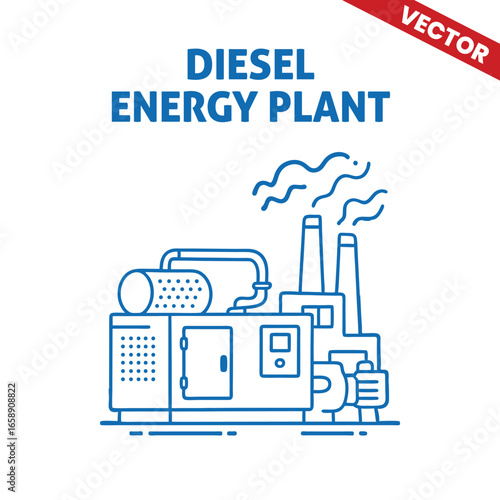 Diesel Energy Plant with Power Equipment and Emission Cooling Tower Outline Graphic Illustration