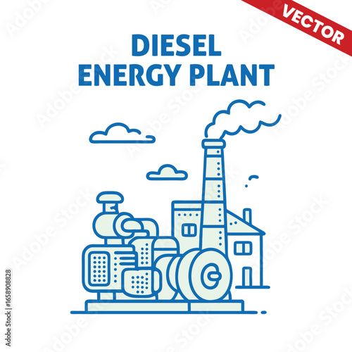 Diesel Energy Plant with Machinery, Emission and Power Generation Outline Graphic Illustration